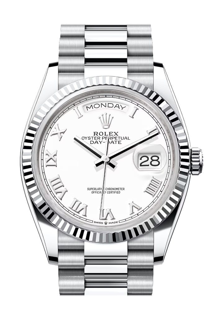 Rolex Day-Date 36 White Dial Fluted Bezel Platinum President Watch 128236