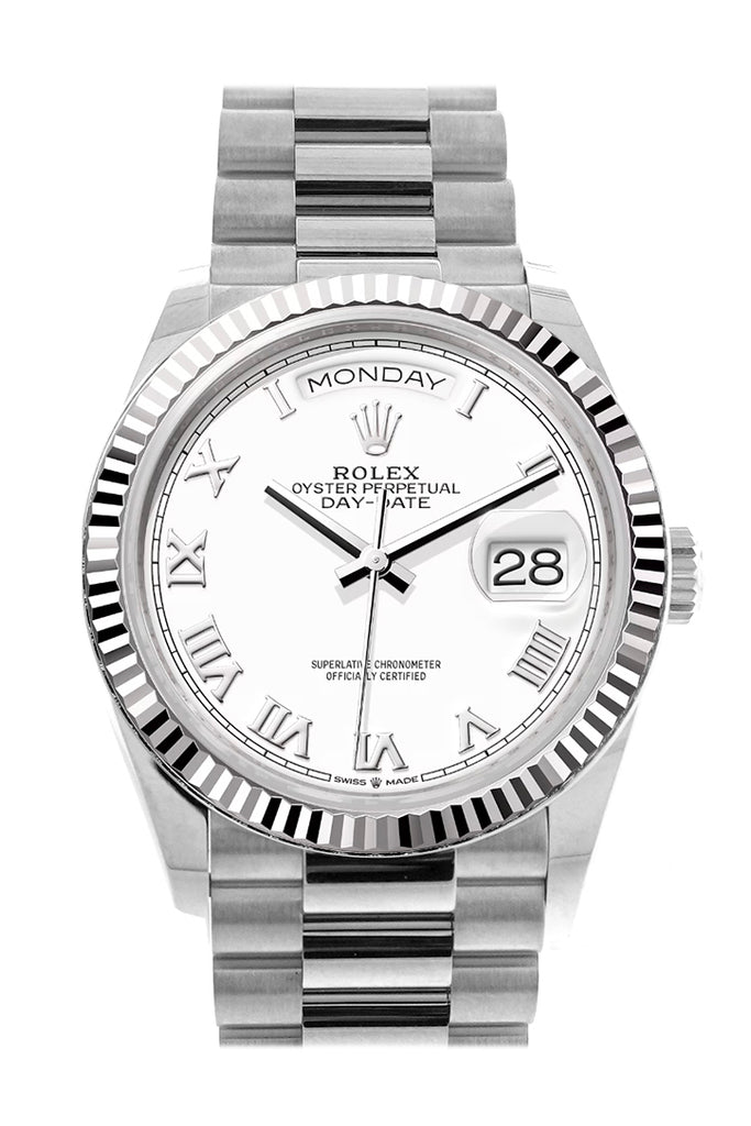Rolex Day-Date 36 White Dial Fluted Bezel White gold President Watch 128239
