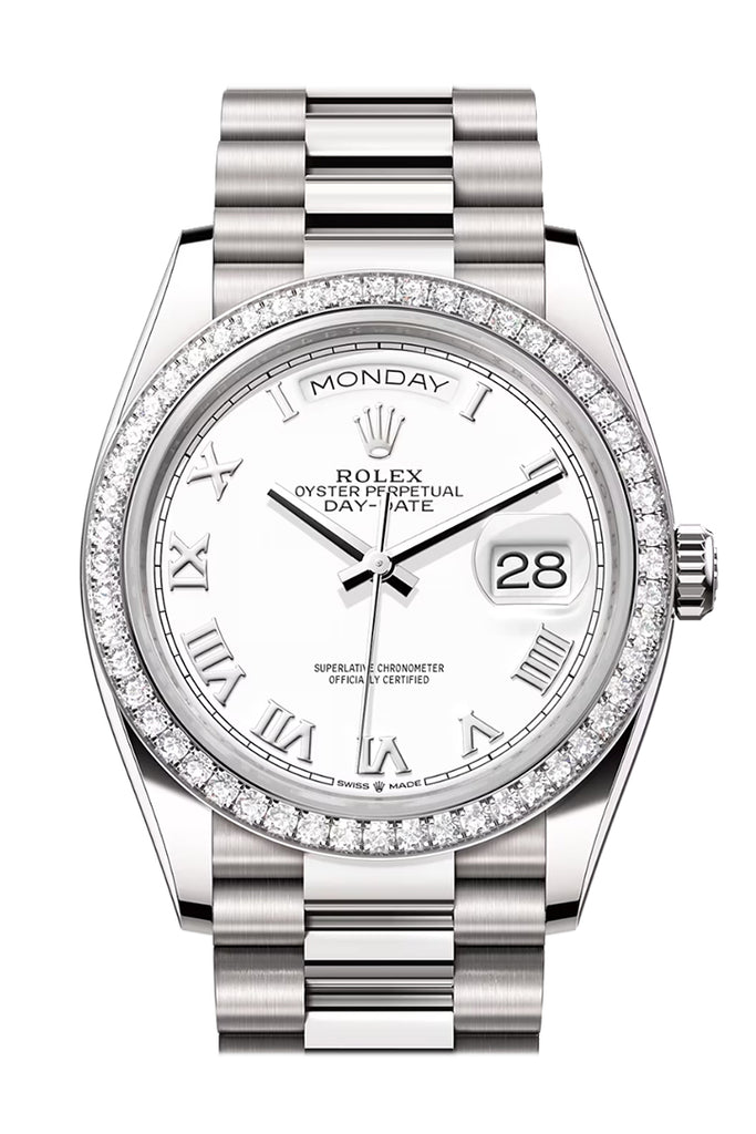 Rolex Day-Date 36 White Dial Diamond Bezel Platinum President Watch 128349RBR
