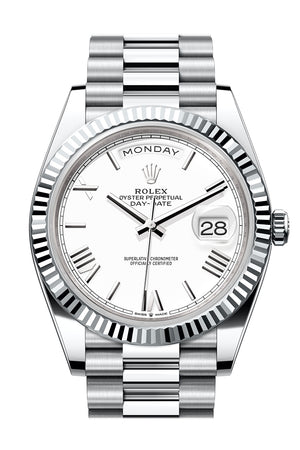 Rolex Day-Date 40 White Dial Fluted Bezel Platinum President Men's Watch 228236