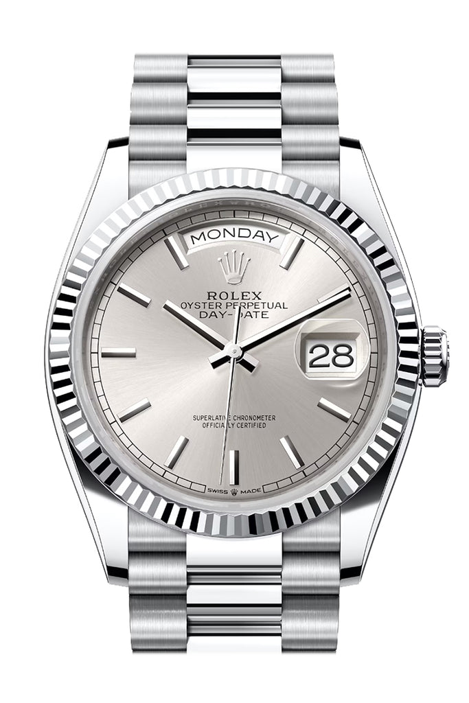 Rolex Day-Date 36 Silver Dial Fluted Bezel Platinum President Watch 128236