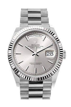 Rolex Day-Date 36 Silver Dial Fluted Bezel White gold President Watch 128239