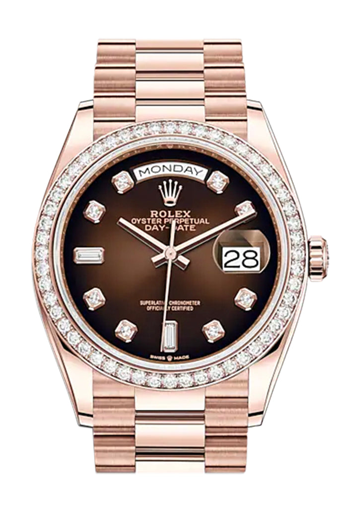 Rolex Day-Date 36 Brown ombré Diamond Dial Diamond Bezel 18K Everose Gold President Watch 128345RBR