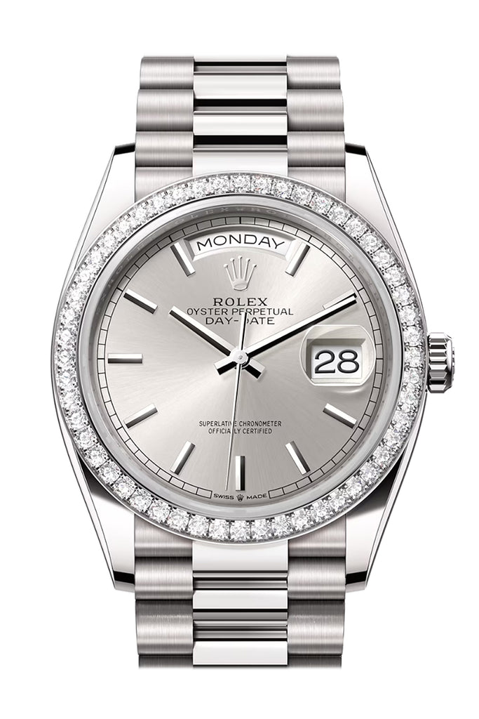 Rolex Day-Date 36 Silver Dial Diamond Bezel White gold President Watch 128349RBR