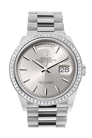 Rolex Day-Date 36 Silver Dial Diamond Bezel Platinum President Watch 128396TBR