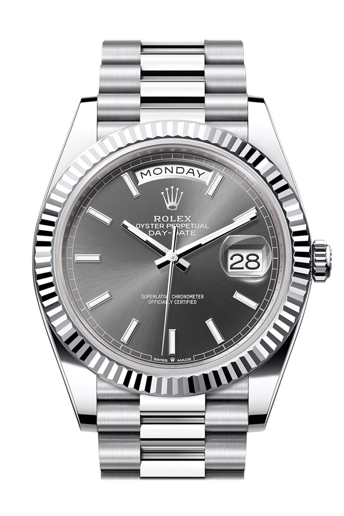 Rolex Day-Date 40 Slate Dial Fluted Bezel Platinum President Men's Watch 228236