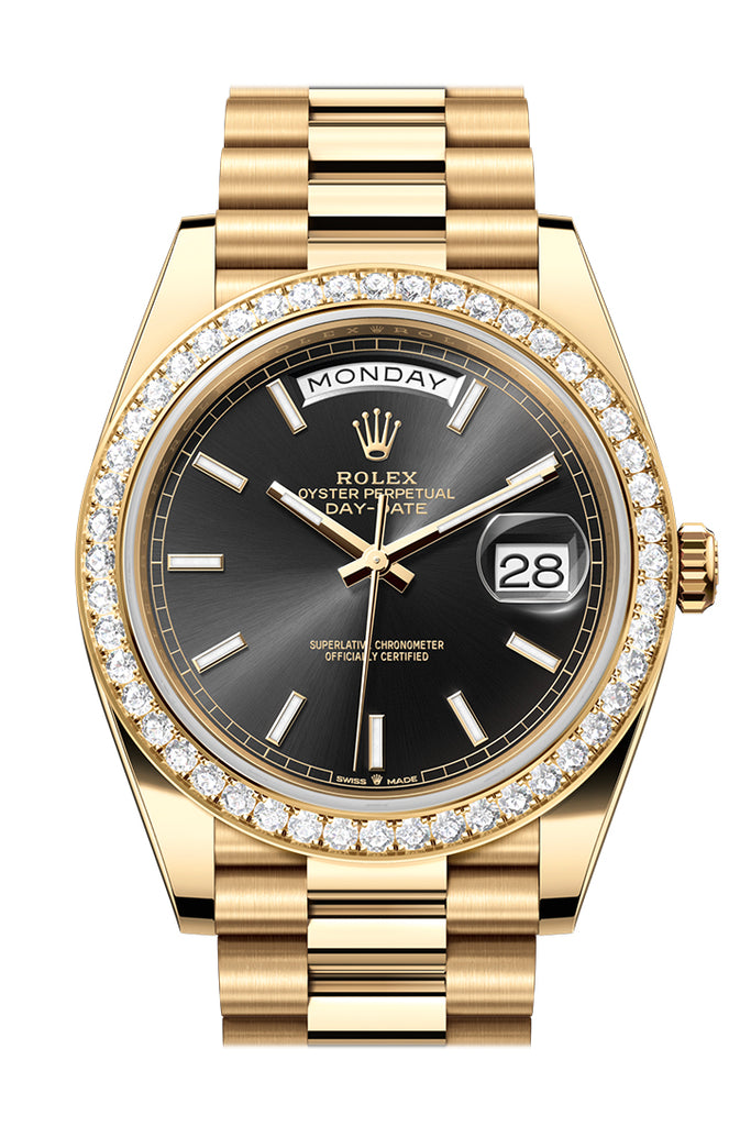 Rolex Day-Date 40 Bright Black Dial Diamond Bezel Yellow Gold President Men's Watch 228348RBR