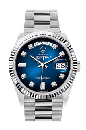 Rolex Day-Date 36 Blue ombré Diamond Dial Fluted Bezel Platinum President Watch 128236