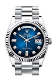 Rolex Day-Date 36 Blue ombré Diamond Dial Fluted Bezel Platinum President Watch 128236