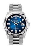 Rolex Day-Date 36 Blue ombré Diamond Dial Fluted Bezel White gold President Watch 128239