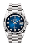 Rolex Day-Date 36 Blue ombré Diamond Dial Fluted Bezel White gold President Watch 128239