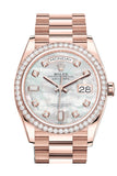 Rolex Day-Date 36 Mother of Pearl Diamond Dial Diamond Bezel 18K Everose Gold President Watch 128345RBR