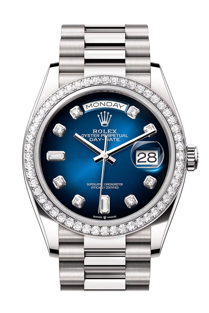 Rolex Day-Date 36 Blue ombré Diamond Dial Diamond Bezel White Gold President Watch 128349RBR
