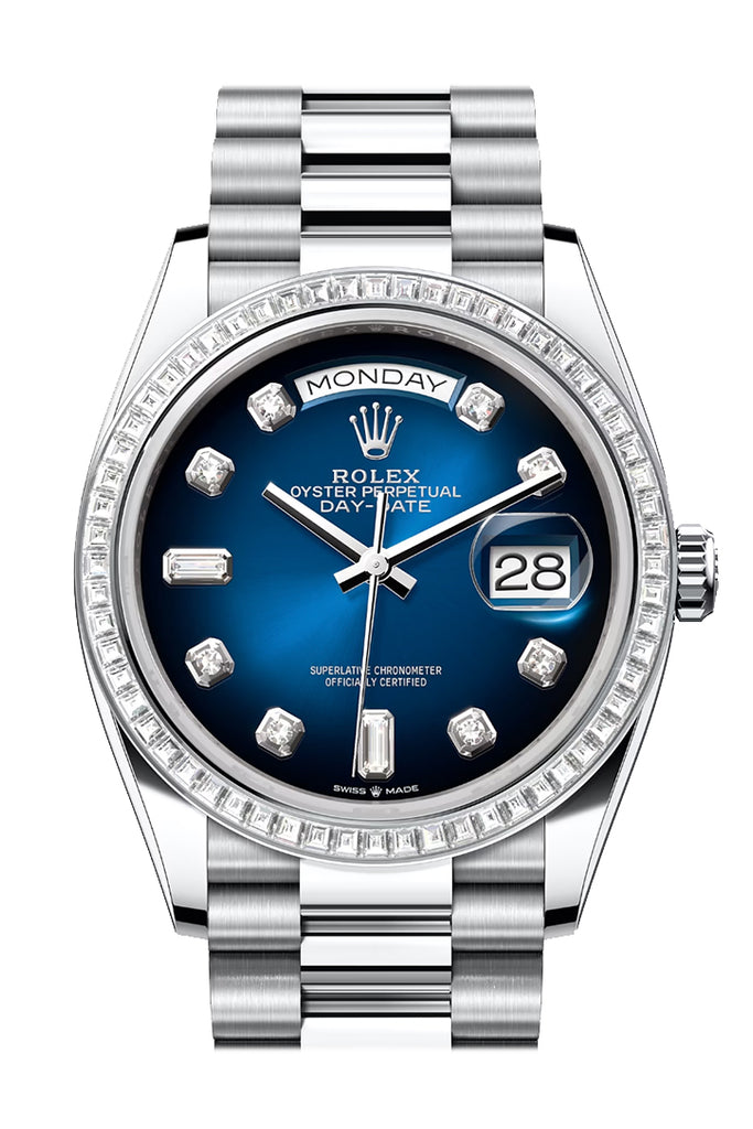 Rolex Day-Date 36 Blue ombré Dial Diamond Bezel Platinum President Watch 128396TBR
