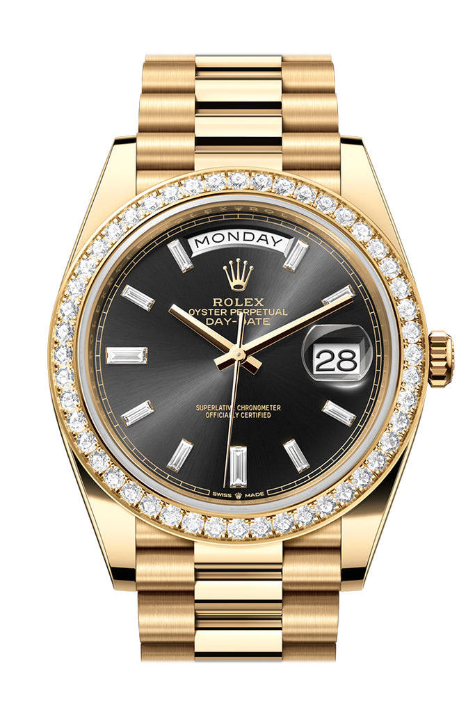 Rolex Day-Date 40 Bright Black Dial Diamonds Dial Diamond Bezel Yellow Gold President Men's Watch 228348RBR 228348