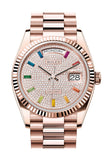 Rolex Day-Date 36 Diamond Paved Dial Fluted Bezel 18K Everose gold President Watch 128235