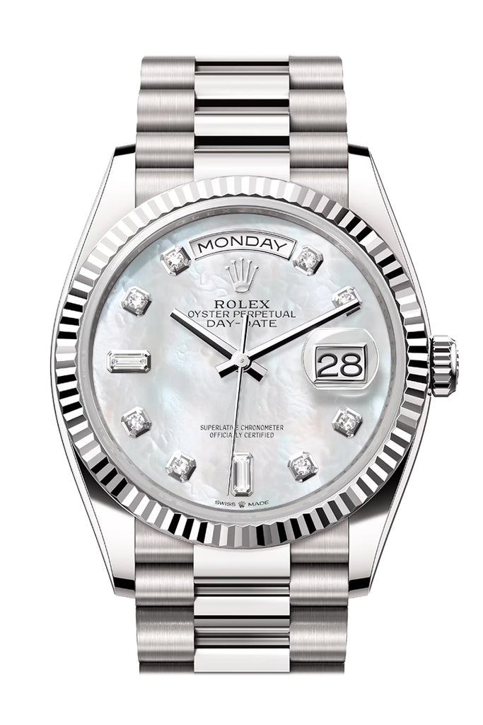 Rolex Day-Date 36 Mother of Pearl Diamond Dial Fluted Bezel White gold President Watch 128239