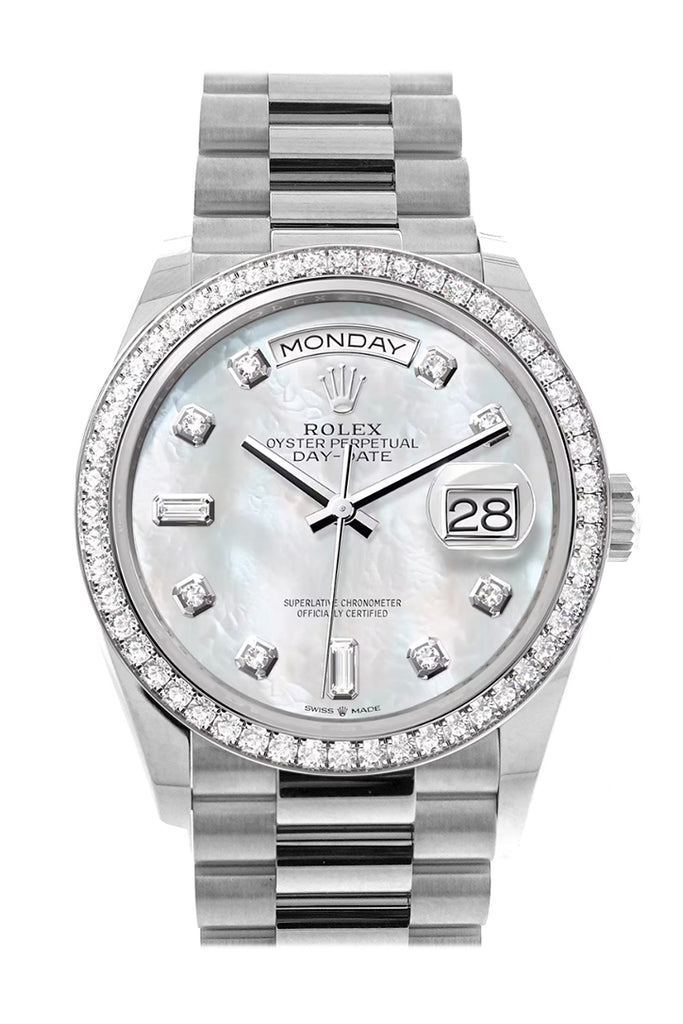 Rolex Day-Date 36 Mother of Pearl Diamond Dial Diamond Bezel White Gold President Watch 128349RBR
