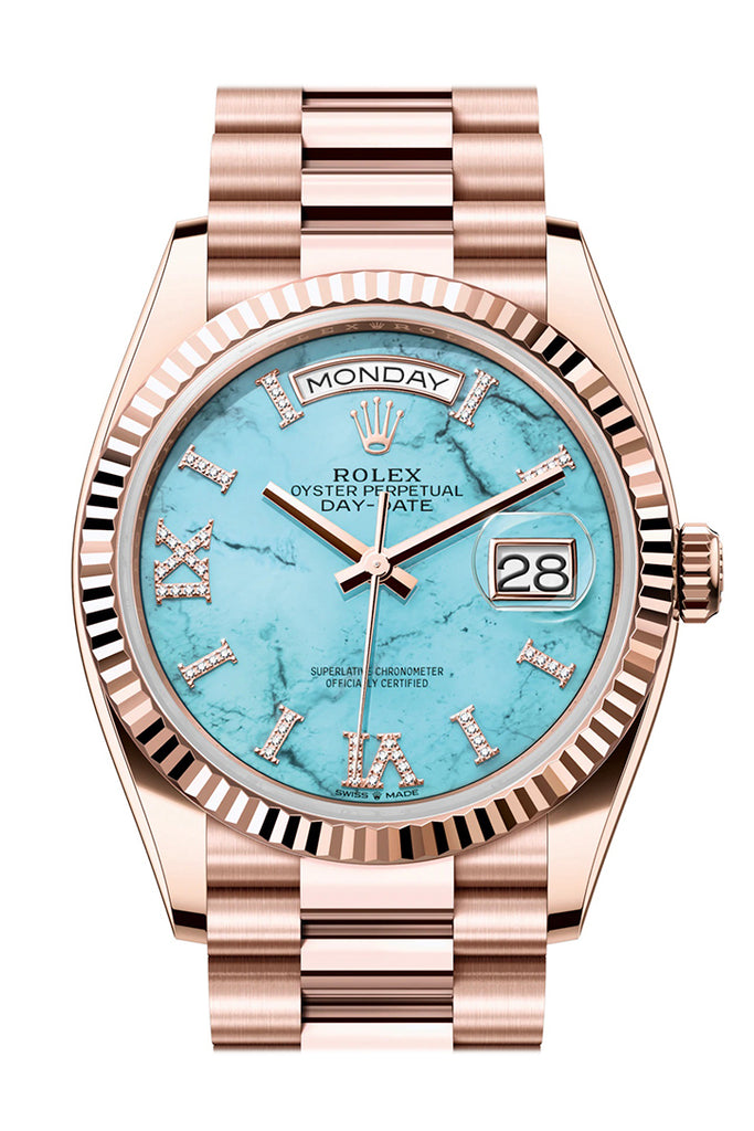 Rolex Day-Date 36 Turquoise Diamond Dial Fluted Bezel 18K Everose gold President Watch 128235