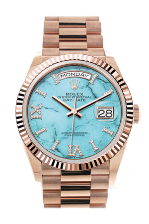 Rolex Day-Date 36 Turquoise Diamond Dial Fluted Bezel 18K Everose gold President Watch 128235