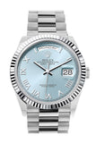 Rolex Day-Date 36 Ice Blue Roman Dial Fluted Bezel Platinum President Watch 128236
