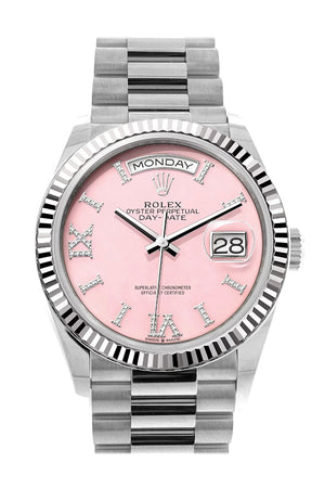 Rolex Day-Date 36 Pink Opal Diamond Dial Fluted Bezel White gold President Watch 128239