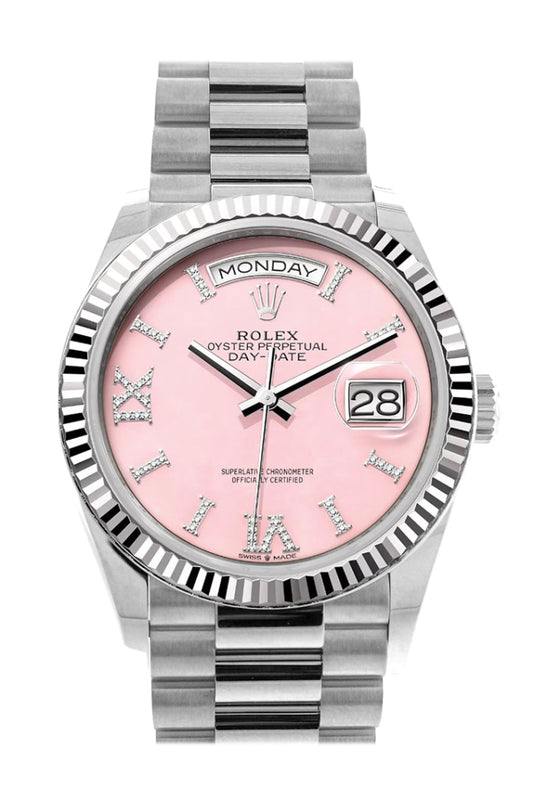 Rolex Day-Date 36 Pink Opal Diamond Dial Fluted Bezel White gold President Watch 128239