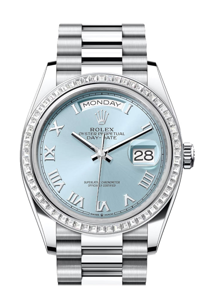 Rolex Day-Date 36 Ice Blue Roman Dial Diamond Bezel Platinum President Watch 128396Tbr