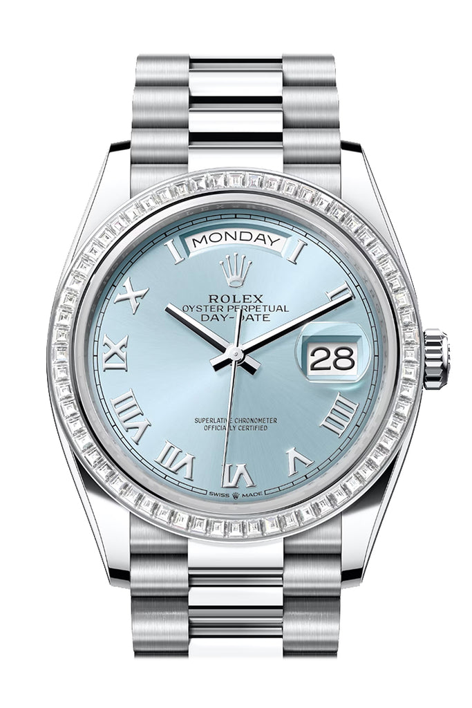 Rolex Day-Date 36 Ice Blue Roman Dial Diamond Bezel Platinum President Watch 128396TBR