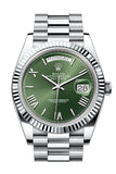 Rolex Day-Date 40 Olive Green Dial Fluted Bezel Platinum President Men's Watch 228236