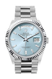 Rolex Day-Date 36 Ice Blue Diamond Dial Fluted Bezel Platinum President Watch 128236