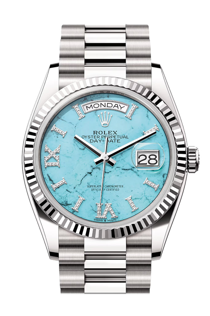 Rolex Day-Date 36 Turquoise Diamond Dial Fluted Bezel White gold President Watch 128239
