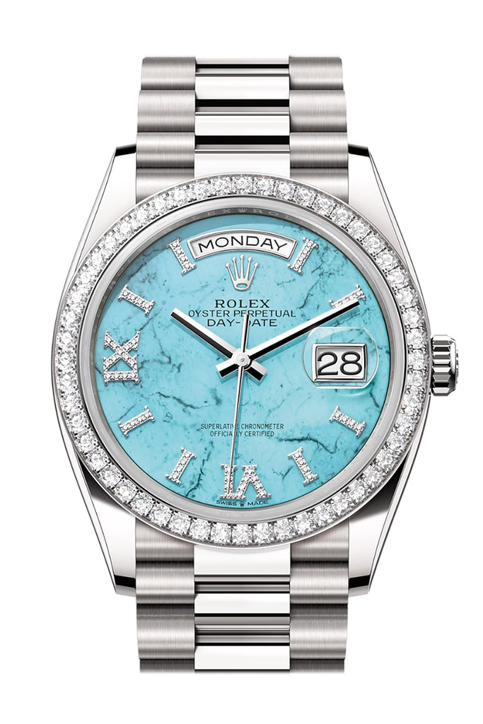 Rolex Day-Date 36 Turquoise Diamond Dial Diamond Bezel White Gold President Watch 128349RBR