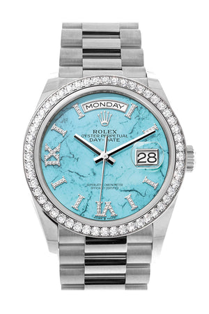 Rolex Day-Date 36 Turquoise Diamond Dial Diamond Bezel White Gold President Watch 128349RBR
