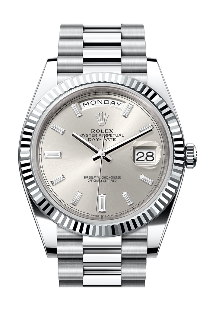 Rolex Day-Date 40 Silver Diamonds Dial Fluted Bezel Platinum President Men's Watch 228236