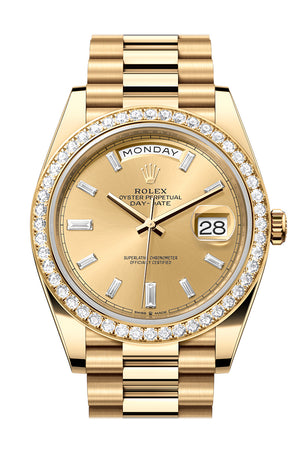 Rolex Day-Date 40 Champagne Baguette Diamonds Dial Yellow Gold President Men's Watch 228348RBR