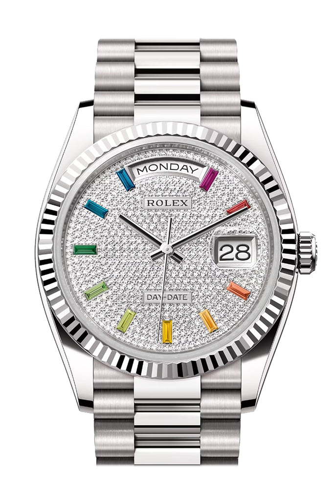 Rolex Day-Date 36 Diamond Paved Dial Fluted Bezel White gold President Watch 128239