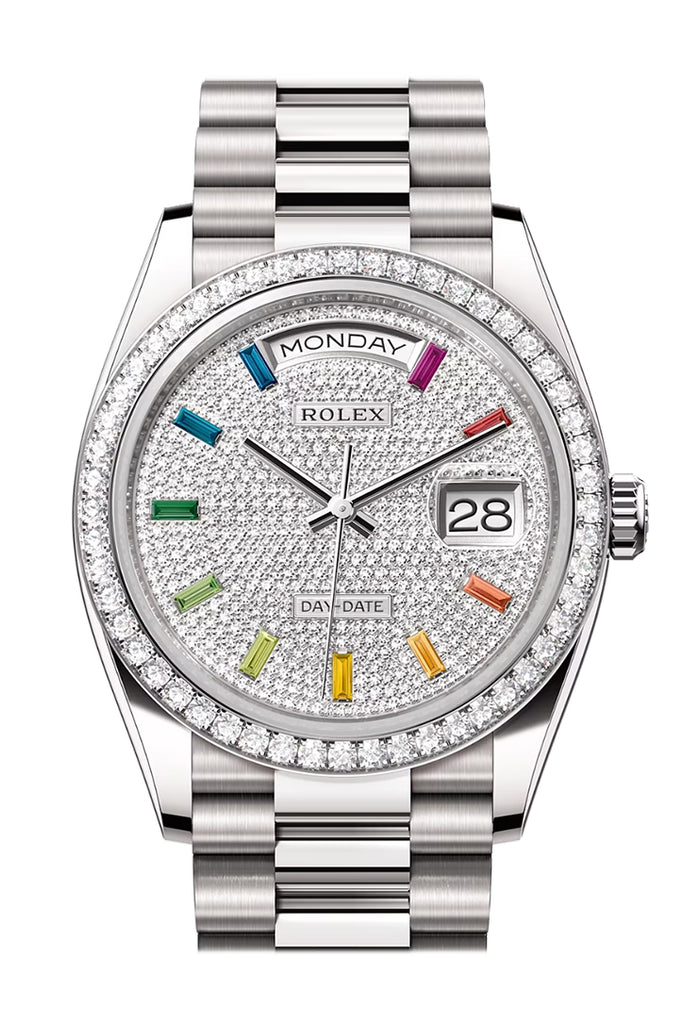 Rolex Day-Date 36 Diamond Paved Dial Diamond Bezel White Gold President Watch 128349RBR