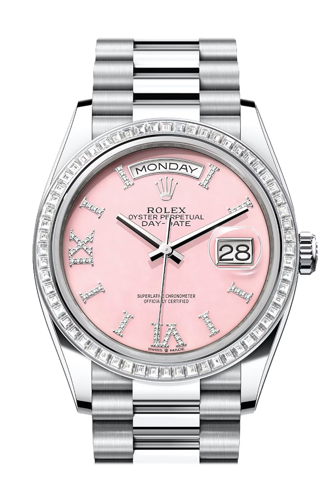 Rolex Day-Date 36 Pink Opal Dial Diamond Bezel Platinum President Watch 128396TBR