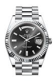 Rolex Day-Date 40 Bright Black 10 baguette-cut Diamonds Dial Fluted Bezel Platinum President Men's Watch 228236