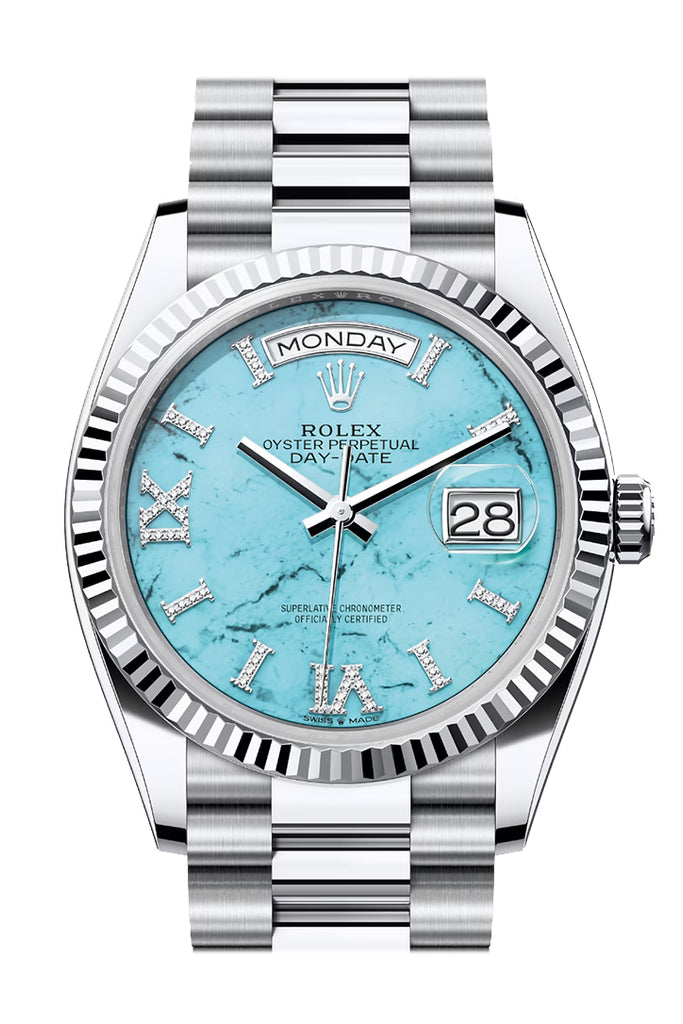 Rolex Day-Date 36 Turquoise Diamond Dial Fluted Bezel Platinum President Watch 128236