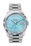 Rolex Day-Date 36 Turquoise Diamond Dial Fluted Bezel Platinum President Watch 128236