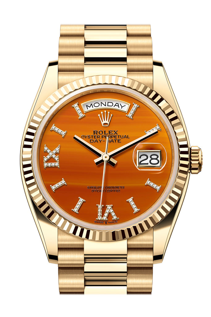 Rolex Day-Date 36 Carnelian Dial Gold Fluted Bezel Yellow Gold Watch 128238