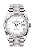 Rolex Day-Date 36 White Dial Fluted Bezel White Gold Diamond President Watch 128239