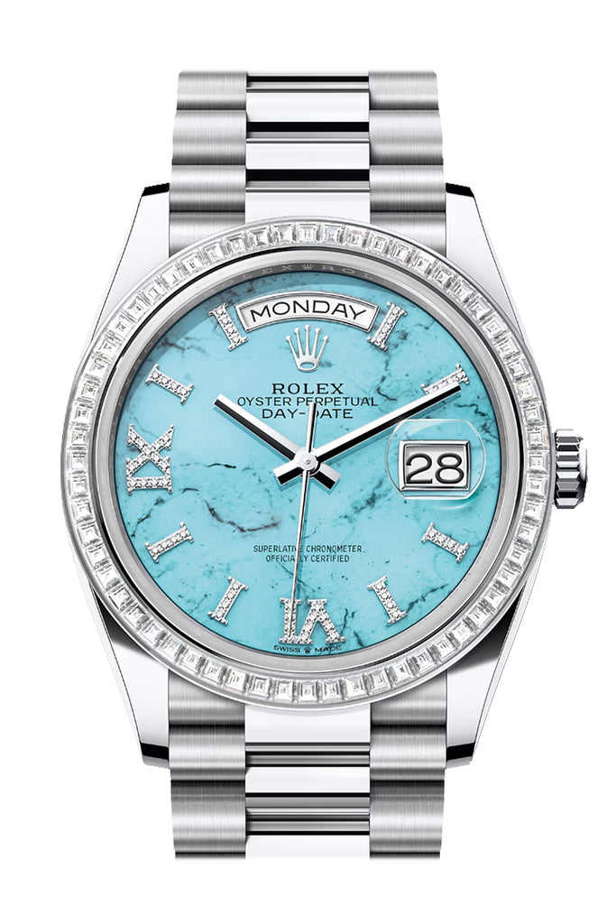 Rolex Day-Date 36 Turquoise Dial Diamond Bezel Platinum President Watch 128396TBR