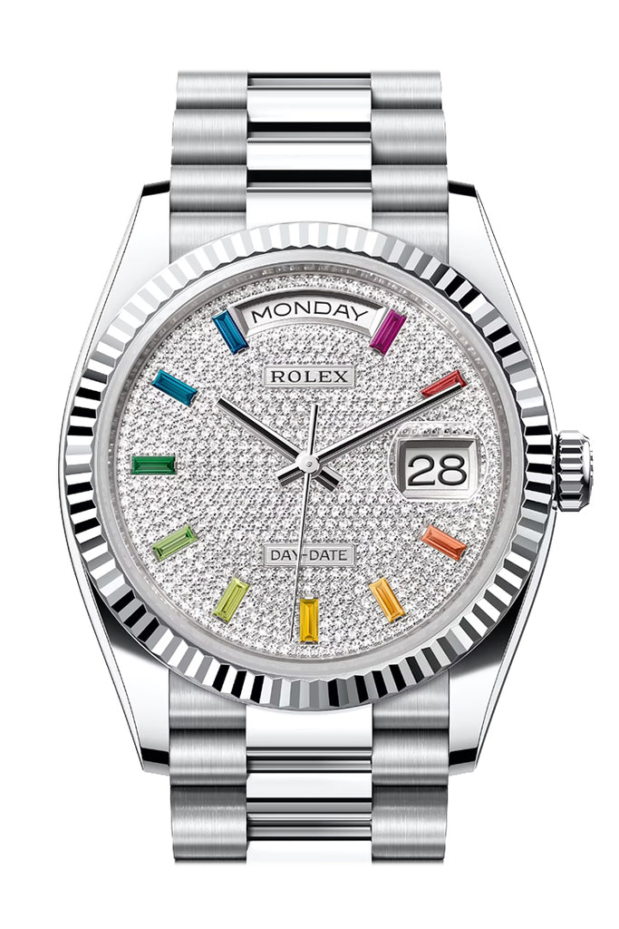 Rolex Day-Date 36 Diamond Paved Dial Fluted Bezel Platinum President Watch 128236