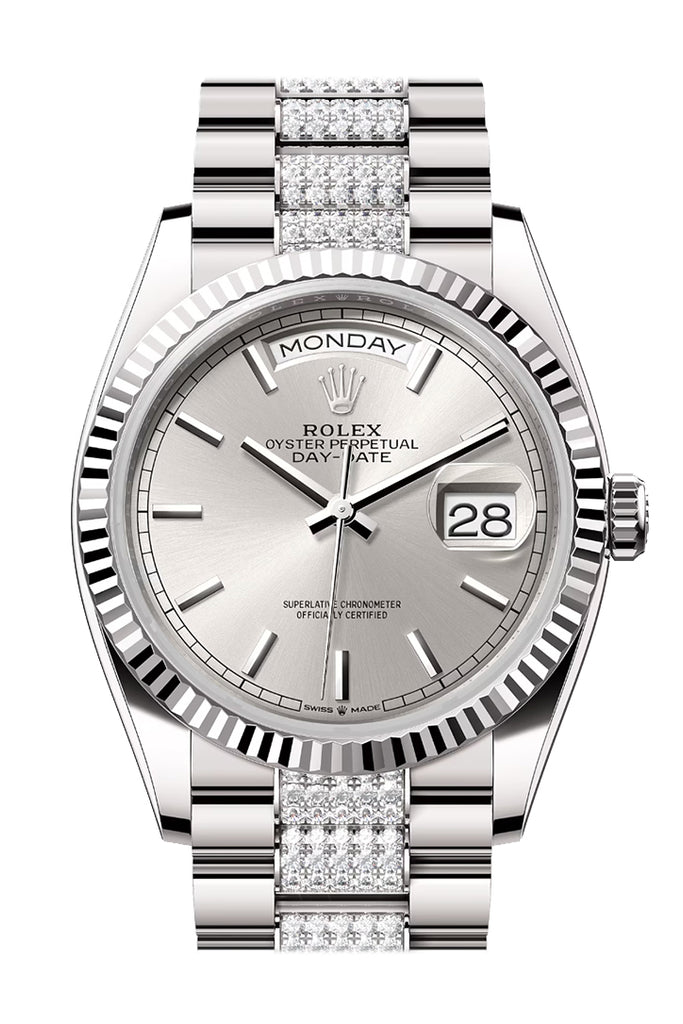 Rolex Day-Date 36 Silver Dial Fluted Bezel White Gold Diamond President Watch 128239