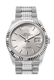 Rolex Day-Date 36 Silver Dial Fluted Bezel White Gold Diamond President Watch 128239