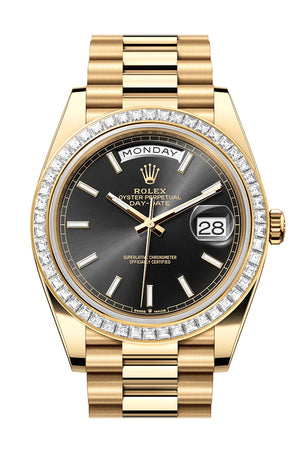 Rolex Day-Date 40 Black Dial Baguette Diamond Bezel 18K Yellow Gold President Men's Watch 228398TBR 