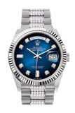 Rolex Day-Date 36 Blue ombré Diamond Dial Fluted Bezel White Gold Diamond President Watch 128239